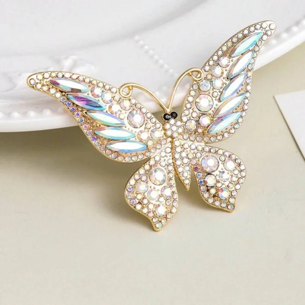 Opalescent Rhinestone Gold Butterfly Brooch with Iridescent Accents - Picture 2 of 6